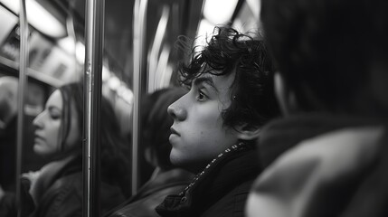 Commuters Solitude A Passenger Stares into the Void of a Crowded Subway Train
