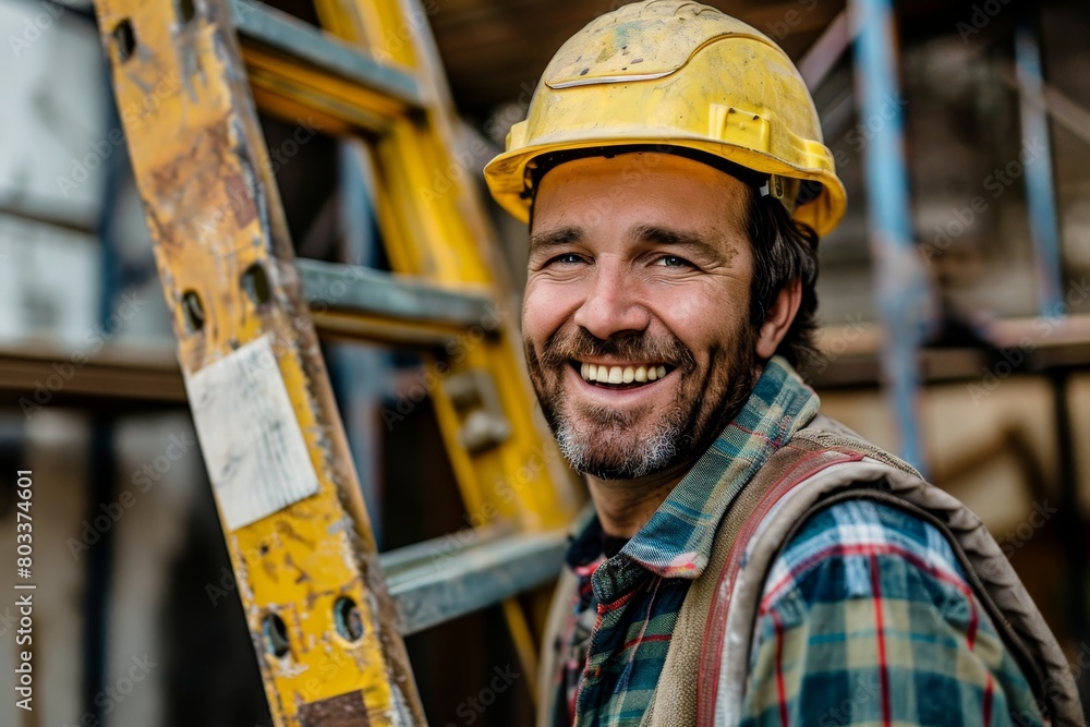 Wall mural Smiling construction worker holding ladder