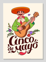 Cinco de mayo celebration poster. Vertical background with Mexican plays guitar. Mexican characters traditional happy persons musicians in sombrero. Hand Lettering. Vector doodle illustration.