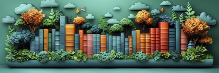 Digital library services illustrated with minimalist paper cutouts of books and digital access points in library colors, perfect for educational technology expos or public library promotions.