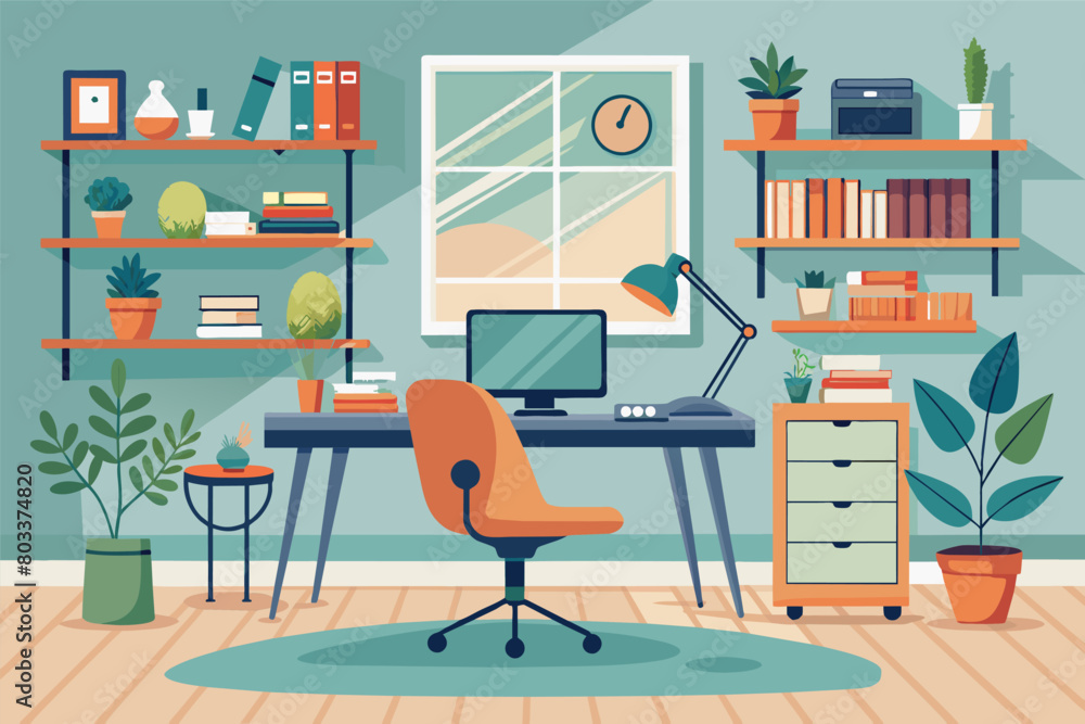 Poster chic home office with a floating desk, built-in shelves, and a comfortable chair, creating a functio
