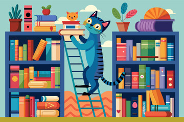 curious cat climbing a tall bookshelf filled with colorful stories