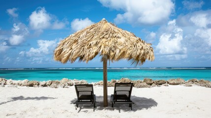 Chair and Umbrella on Beach by Ocean