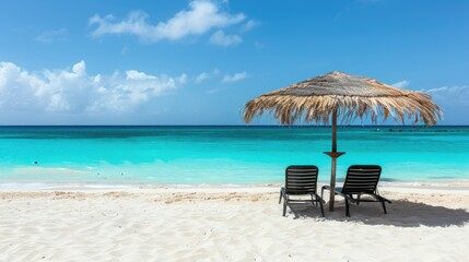 Chair and Umbrella on Beach by Ocean
