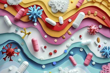 Nano medicine technology depicted in minimalist paper cutouts of microscopic drug delivery systems and cells in medicinal colors, suitable for healthcare tech innovation talks or pharmaceutical ads.