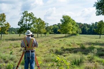 Surveyor using equipment to measure field with trees