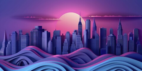 Virtual reality concept with a futuristic cityscape background in minimalist paper cutout style, vibrant purples and blues suggesting innovation and digital growth, perfect for VR product ads.