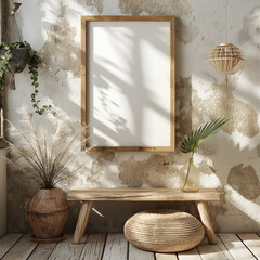 Mockup frame in boho interior background with rustic decor, 3d render