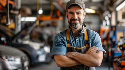 Male mechanic with crossed arms in modern auto repair shop. Concept Portrait Photography, Male Model, Automotive Industry, Modern Style, Crossed Arms Pose