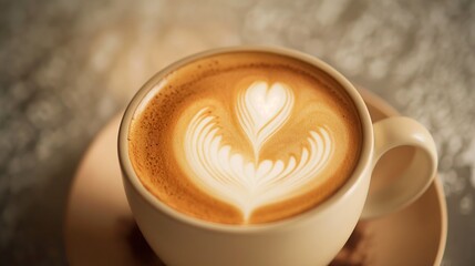 A perfectly crafted latte with a delicate heart-shaped latte art, set against a smooth background.