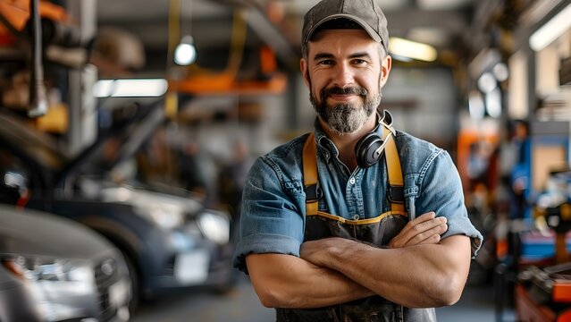 Male mechanic with crossed arms in modern auto repair shop. Concept Portrait Photography, Male Model, Automotive Industry, Modern Style, Crossed Arms Pose
