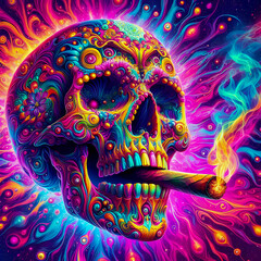 Digital art vibrant colorful psychedelic skull smoking a blunt