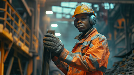 African American Industrial Worker in Protective Gear at Metalworking Factory