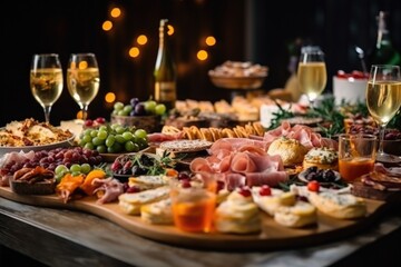 Light snacks in a plate on a buffet table. Assorted mini canapes, delicacies and snacks, restaurant food at event. A gala reception. Decorated delicious table for a party goodies.