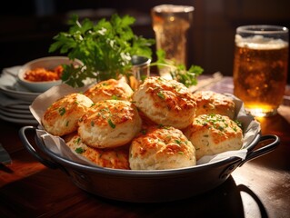 Photorealistic image of Red Lobster Cheddar Bay Biscuits on a rustic wooden table, with warm afternoon light streaming in from a nearby window, 