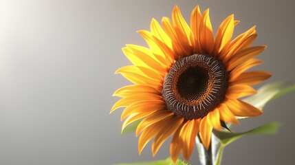 A vibrant, yellow sunflower with its face turned slightly towards an unseen light, set against a smooth, soft gray background.