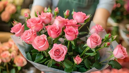 Florist happily arranging pink roses for delivery in dedicated floristry business. Concept Florist, Pink Roses, Delivery, Floristry Business, Arrangement
