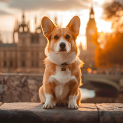 Cute Corgi dog on the British tourist attractions background, British cute pet concept