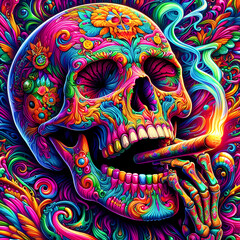 Fototapeta na wymiar Digital art vibrant colorful psychedelic skull smoking a blunt