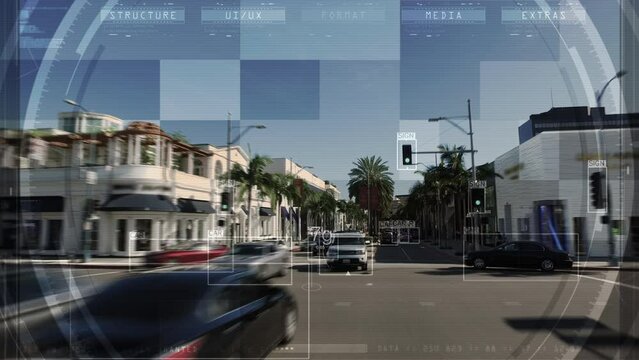 Los Angeles Avenue with Traffic. Computer vision with object detection system that creates boxes to recognize the different objects in the streets. Traffic Surveillance Interface System.

