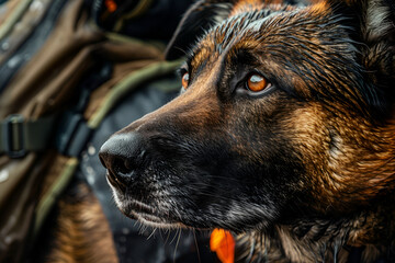 A close-up portrait of a shepherd service dog on a task