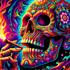 Digital art vibrant colorful psychedelic skull smoking a blunt