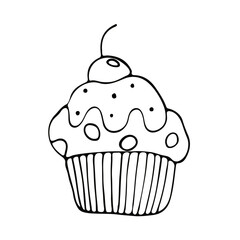 A cute hand-drawn muffing, a black and white  cupcake icon, a pastry doodle, a cake sketch