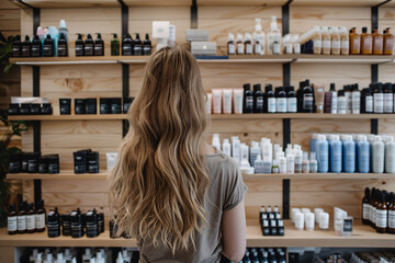 Back view of young woman standing in front of shelves with cosmetic and makeup products in store