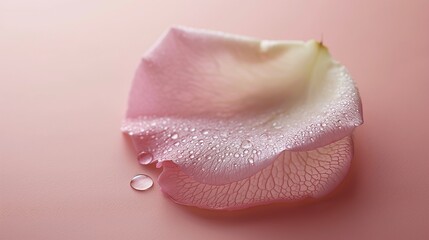 A single, dew-kissed rose petal, its delicate veins and soft color captured in exquisite detail, set against a smooth, blush pink background.