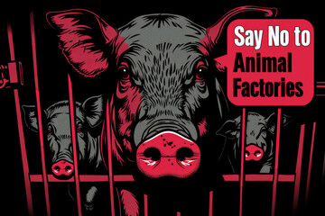 A stark graphic design of pigs behind bars in red and black tones, with a bold sign stating "Say No to Animal Factories."