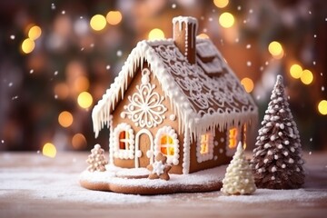 A gingerbread house on a table near a Christmas tree