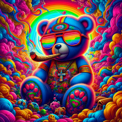 Digital art vibrant colorful psychedelic hiphop teddy bear smoking a blunt