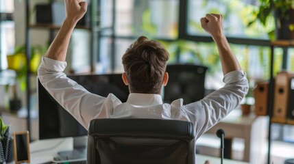 Businessman in the office joyfully raises his hands up celebrating victory and success in his work hyper realistic  - obrazy, fototapety, plakaty