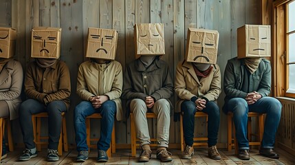 Paper Bag Whimsy: Five Individuals Concealing Emotions in Tranquil Space