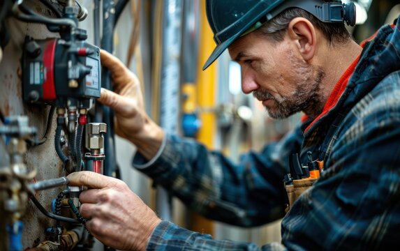 Close-up of a remote sensor being adjusted by a technician at a construction site, focusing on the precision tools and digital readouts