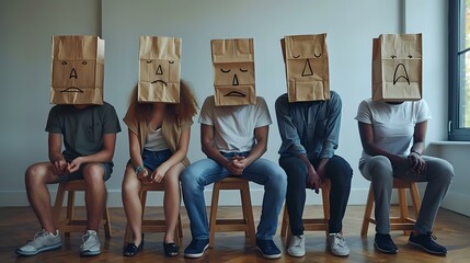 Abstract Concealment: Five Individuals with Paper Bag Masks in Modern Setting