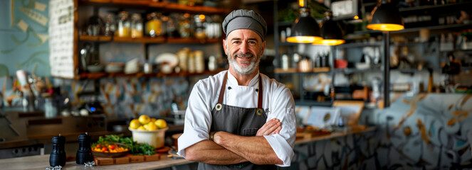 Confident middle-aged chef showcases skills in restaurant kitchen