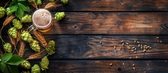 Beer brewery concept featuring a dark wooden background adorned with a glass of beer accompanied by hop cones and wheat ears, viewed from above with space for text.