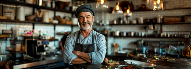 Cheerful Caucasian Chef in Apron and Hat Grinning in Bustling Restaurant Kitchen