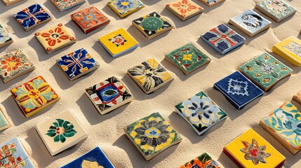 An array of hand-painted ceramic tiles, each with a unique, vibrant pattern, laid out in a precise...