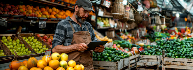 Obraz premium Navigating Fresh Produce Markets: A Digital Farmer's Guide to Selecting the Best Fruits using a Tablet