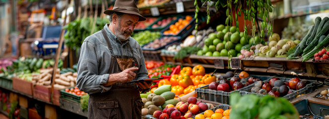 Obraz premium Tech-Savvy Photographer Captures Vibrant Produce at Local Market