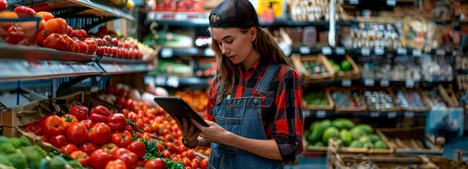Obraz premium Female Agri-Tech Specialist Uses Tablet to Assess Produce Selections at Market
