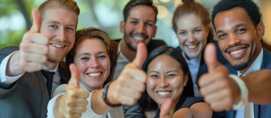 Diverse group of people showing thumbs up and smiling looking at the camera.