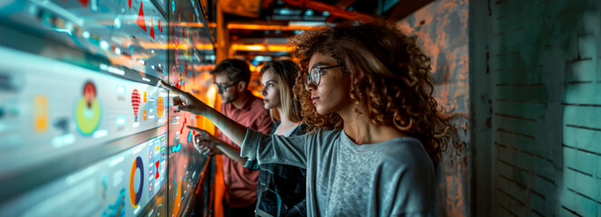 Innovative Collaboration: Female Creative Professionals Analyzing Infographics on Glass Wall in Modern Office Setting