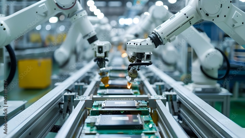 Poster robotic arms assembling microchips showcase advanced manufacturing automation and cybernetics . conc