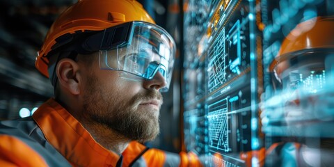 Construction manager using a digital twin to oversee project phases, close-up of the interface, immersive tech in use