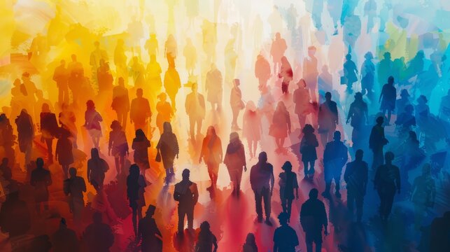 multicolored crowd top view, multicultural silhouettes of people spectrum rainbow watercolor style, light poster society, world hyper realistic 
