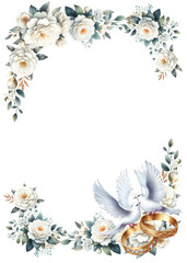 Rectangular square floral frame with white flowers, marriage rings and white birds in love. Decorative wedding invitation frame, watercolor on a transparent background