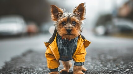 Small Dog in Yellow Jacket Walking on Street